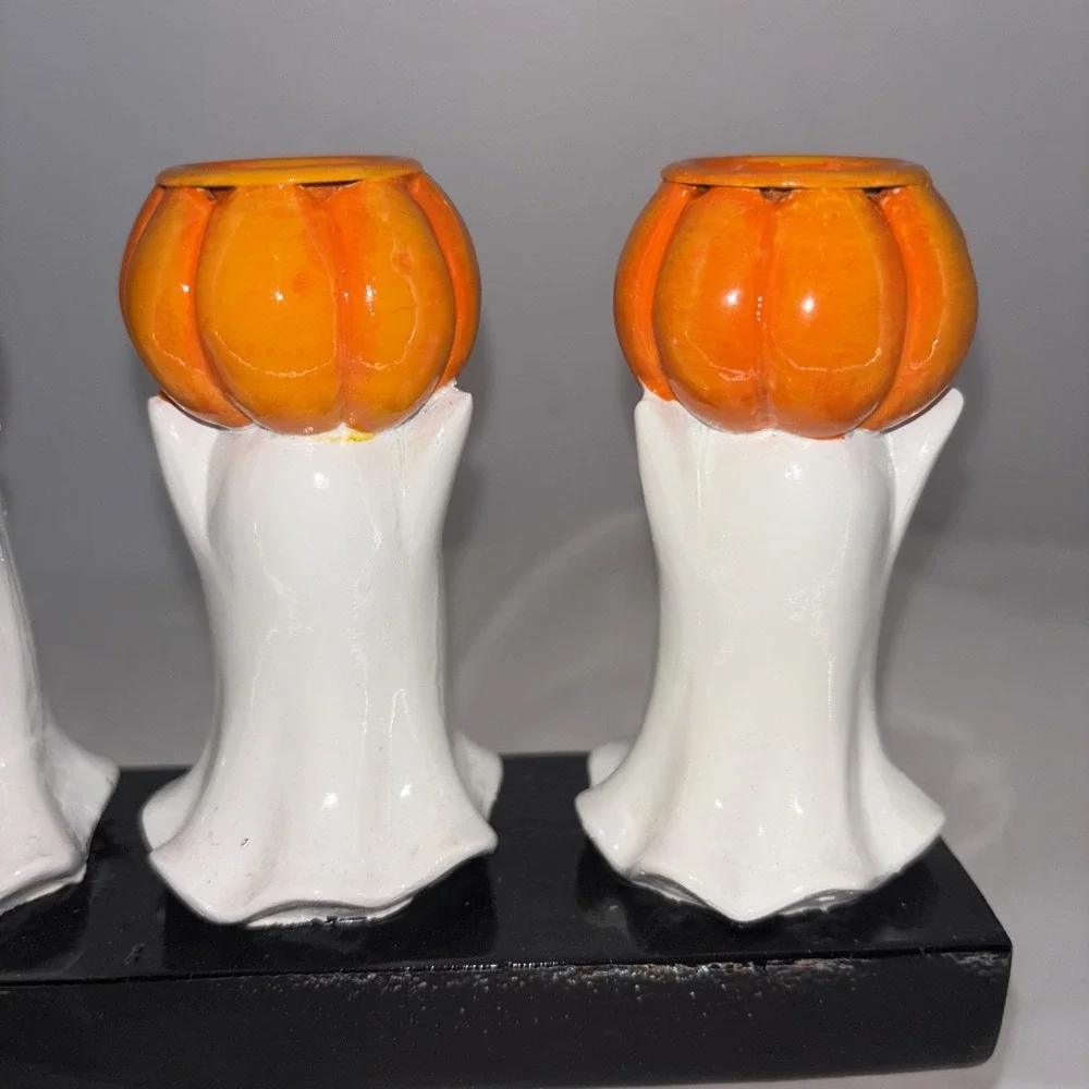 Hallow Home Tabletop 5 Ghosts & Pumpkins Halloween Taper Candlestick Holder